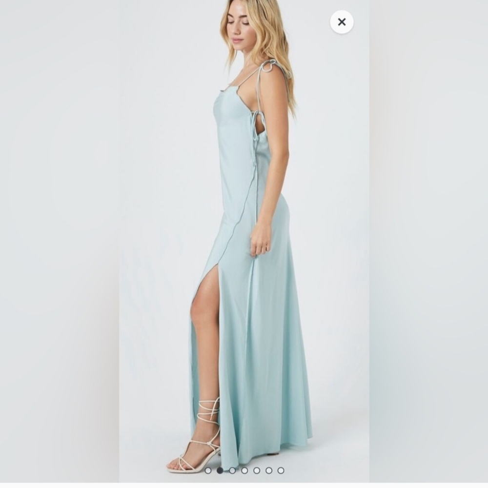 Elegant Light Green-Blue Maxi Dress S Tie Strap